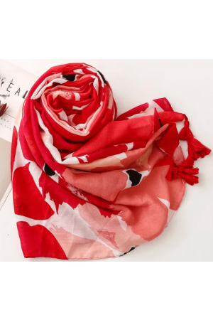 Scarf Shawl Red and Pink Poppies on White